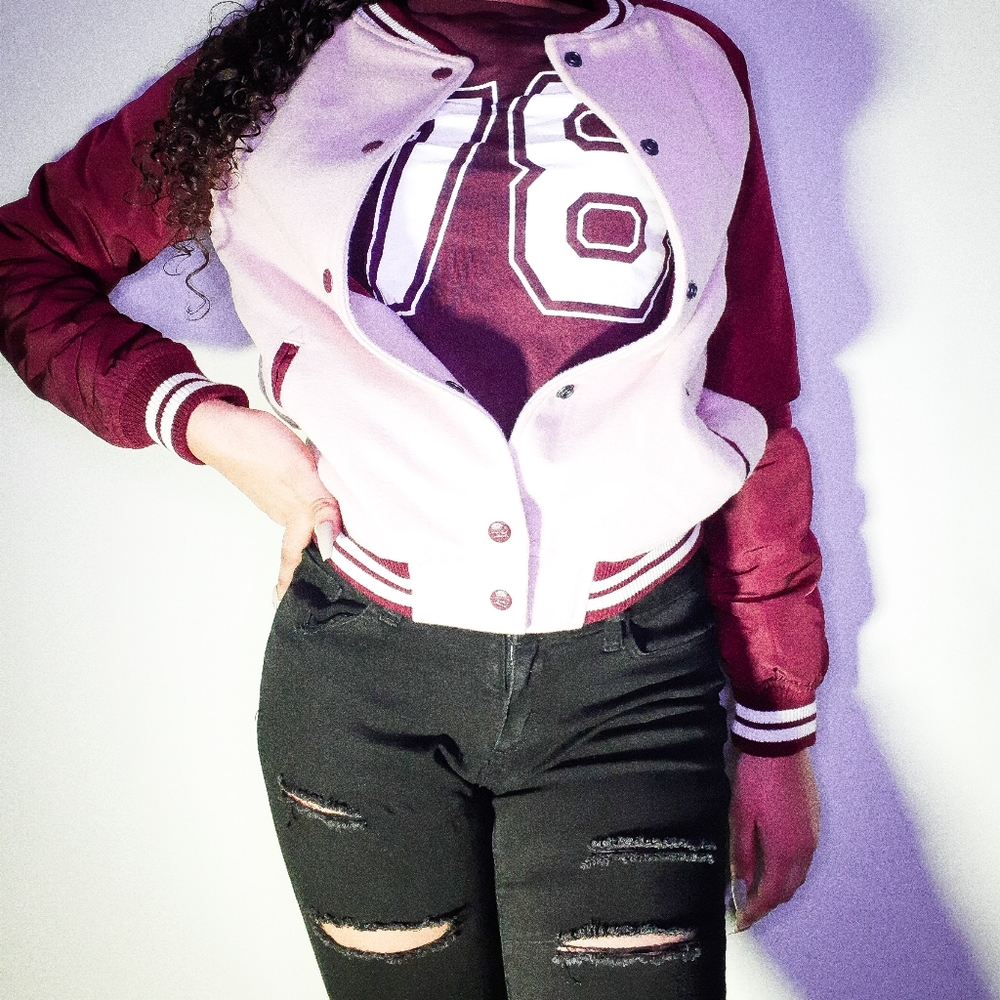 🟪H&M Pink and Purple spring/fall ribbed button down varsity jacket